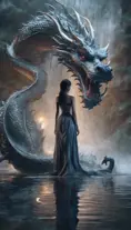 A captivating Gongbi-style artwork featuring a beautiful lady standing before a majestic dragon, amidst pouring water. Set against mysterious backdrops with smooth, curved lines, this photo-realistic piece showcases the power of Unreal Engine 5., Hyper Detailed, Ultra Detailed, Cosmic Horror, Gothic, HDR Render, Unreal Engine, Fantasy, Surrealistic, Hyper Realistic