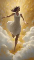 A visually striking masterpiece capturing a woman running through clouds of luminous gold dust. Exquisite details, top-quality composition, and an official aesthetic create an extremely detailed work of art, reflecting the ethereal beauty of this captivating moment., Powerful, Magical, Artgerm by Craigie Aitchison