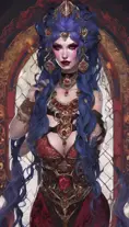 A pale snake skin woman with striking violet-red eyes and full lips curved into a cold, calculating smile. Her dynamic midnight blue hair is styled in intricate braids, adorned with shimmering gems. She possesses large, heavy cleavage and wears form-fitting robes of deep crimson and ebony, with a decorated bodice featuring intricate patterns and arcane sigils that reveal her mastery of dark magic. The woman stands confidently in a hyper-detailed tavern background. Powerful and muscular, this gothic and fantasy character is inspired by trending Artstation concepts. The scene is beautifully lit to emphasize her enchanting yet sinister presence. Channeling the artistic style of Stanley Artgerm Lau, the resulting image should be high-quality, detailed, and a true masterpiece—created in high resolution, extremely detailed, and presented in 8k and HD quality, reminiscent of 8k photography, suitable for the world of DnD., 8k, Hyper Detailed, Powerful, Gothic and Fantasy, Pixiv, Disney, DnD, Backlight Photo, Naturalism, Fantasy, Muscular, Hyper Realistic