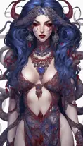 A pale snake skin woman with striking violet-red eyes and full lips curved into a cold, calculating smile. Her dynamic midnight blue hair is styled in intricate braids, adorned with shimmering gems. She possesses large, heavy cleavage and wears form-fitting robes of deep crimson and ebony, with a decorated bodice featuring intricate patterns and arcane sigils that reveal her mastery of dark magic. The woman stands confidently in a hyper-detailed tavern background. Powerful and muscular, this gothic and fantasy character is inspired by trending Artstation concepts. The scene is beautifully lit to emphasize her enchanting yet sinister presence. Channeling the artistic style of Stanley Artgerm Lau, the resulting image should be high-quality, detailed, and a true masterpiece—created in high resolution, extremely detailed, and presented in 8k and HD quality, reminiscent of 8k photography, suitable for the world of DnD., 8k, Hyper Detailed, Powerful, Gothic and Fantasy, Symmetry, Trending on Artstation, Beautiful, DnD, Sharp Focus, Fisheye lens, Beautifully Lit, Naturalism, Fantasy, Shadowy, Muscular, Hyper Realistic by Robby Cavanaugh