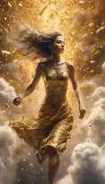 A visually striking masterpiece capturing a woman running through clouds of luminous gold dust. Exquisite details, top-quality composition, and an official aesthetic create an extremely detailed work of art, reflecting the ethereal beauty of this captivating moment., 4k, 4k resolution, 8k, HD, HDR, Hyper Detailed, Powerful, Gothic and Fantasy, Beautiful, Ethereal, Comic, Cloudy Day, Alien, HDR Render, Photo Realistic, Realistic, Artgerm, Unreal Engine, Neon, Comics, Colorful, Hyper Realistic