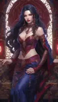 pale snake skin woman, Violet Red colored eyes, [[full lips that often curve into a cold, calculating smile]], dynamic midnight blue long hair [[styled in intricate braids, adorned with small, shimmering gems that catch the light]], large heavy cleavage, wearing form fitting robes of deep crimson and ebony, decorated bodice, adorned with intricate patterns and arcane sigils that hint at her mastery of dark magic, hyper detailed tavern background, (high quality), (detailed), (masterpiece), (best quality), (highres), (extremely detailed), (8k), HD, 8k, photography, Powerful, Gothic and Fantasy, Trending on Artstation, DnD, Beautifully Lit, Fantasy, Muscular by Stanley Artgerm Lau