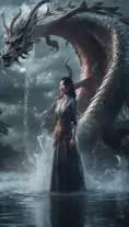 A captivating Gongbi-style artwork featuring a beautiful lady standing before a majestic dragon, amidst pouring water. Set against mysterious backdrops with smooth, curved lines, this photo-realistic piece showcases the power of Unreal Engine 5., Hyper Detailed, Ultra Detailed, Cosmic Horror, Gothic, HDR Render, Unreal Engine, Fantasy, Surrealistic, Hyper Realistic