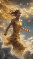 A visually striking masterpiece capturing a woman running through clouds of luminous gold dust. Exquisite details, top-quality composition, and an official aesthetic create an extremely detailed work of art, reflecting the ethereal beauty of this captivating moment., 4k, 4k resolution, 8k, HD, HDR, Hyper Detailed, Powerful, Gothic and Fantasy, Beautiful, Ethereal, Comic, Cloudy Day, Alien, HDR Render, Photo Realistic, Realistic, Artgerm, Unreal Engine, Neon, Comics, Colorful, Hyper Realistic