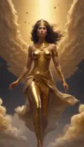 A visually striking masterpiece capturing a woman running through clouds of luminous gold dust. Exquisite details, top-quality composition, and an official aesthetic create an extremely detailed work of art, reflecting the ethereal beauty of this captivating moment., 8k, Egyptian Mythology, Beautiful, Ethereal, Comic, Photo Realistic, Realistic, Artgerm, Unreal Engine, Comics by Stanley Artgerm Lau