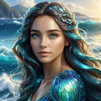 "magical ocean goddess", water, spray, waves, flowing hair, head and shoulders portrait, finely drawn eyes, 8k, Fantasy