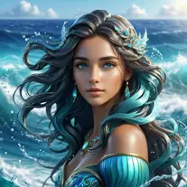 "magical ocean goddess", water, spray, waves, flowing hair, head and shoulders portrait, finely drawn eyes, 8k, Fantasy