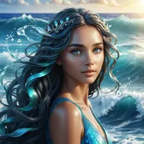 "magical ocean goddess", water, spray, waves, flowing hair, head and shoulders portrait, finely drawn eyes, 8k, Fantasy