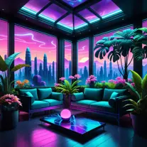 A beautiful render of city sunroom by georgia o'keeffe, galactic alien synthwave rainforest noir thermal imaging myst uv light, flowers, Highly Detailed, Digital Painting, Cinematic Lighting, Neon, Concept Art