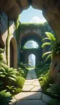 Arc hallway for secret overwatch habitation quarters carved inside a cave surrounding a lush garden, 8k, Trending on Artstation, Minimalism, Unimaginable Beauty, Sharp Focus, 3D Rendering, Unreal Engine, Natural Light, Concept Art, Naturalism