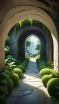 Arc hallway for secret overwatch habitation quarters carved inside a cave surrounding a lush garden, 8k, Trending on Artstation, Minimalism, Unimaginable Beauty, Sharp Focus, 3D Rendering, Unreal Engine, Natural Light, Concept Art, Naturalism