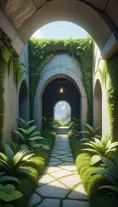 Arc hallway for secret overwatch habitation quarters carved inside a cave surrounding a lush garden, 8k, Trending on Artstation, Minimalism, Unimaginable Beauty, Sharp Focus, 3D Rendering, Unreal Engine, Natural Light, Concept Art, Naturalism