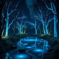 A magical pond in a fantasy forest with glowing blue trees at night, 4k, HQ, Intricate, Artstation, Cinematic Lighting, Photo Realistic, Sharp Focus, Unreal Engine, Dark