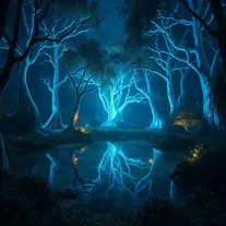 A magical pond in a fantasy forest with glowing blue trees at night, 4k, HQ, Intricate, Artstation, Cinematic Lighting, Photo Realistic, Sharp Focus, Unreal Engine, Dark