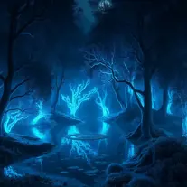 A magical pond in a fantasy forest with glowing blue trees at night, 4k, HQ, Intricate, Artstation, Cinematic Lighting, Photo Realistic, Sharp Focus, Unreal Engine, Dark