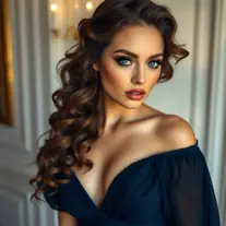 A stunning woman with piercing blue eyes and long, curly brown hair, posing in a elegant evening gown, Highly Detailed, Half Body, Gorgeous, Stunning, Elegant