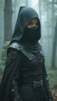 A captivating female ninja concealed within a mist-laden forest, her features partially obscured by a veil of fog, her attire a mix of stealthy dark fabrics and intricate silver detailing, the environment around her both haunting and enchanting