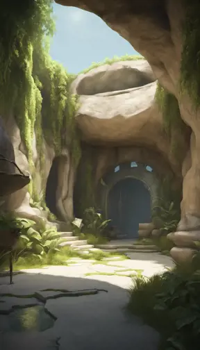 Arc hallway for secret overwatch habitation quarters carved inside a cave surrounding a lush garden, 8k, Trending on Artstation, Minimalism, Unimaginable Beauty, Sharp Focus, 3D Rendering, Unreal Engine, Natural Light, Concept Art, Naturalism