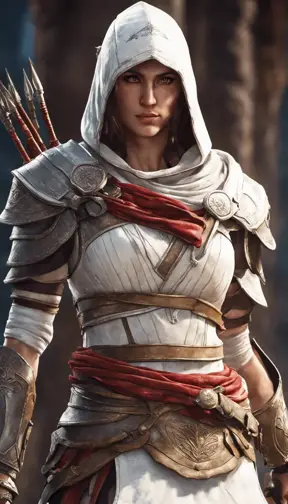 Closeup of Kassandra from Assassins Creed in white armor, 8k, Highly Detailed, Artstation, Beautiful, Digital Illustration, Sharp Focus, Unreal Engine, Concept Art