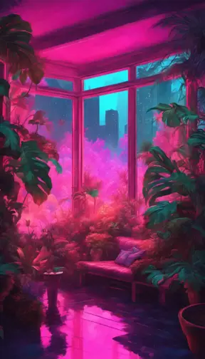 A beautiful render of city sunroom by georgia o'keeffe, galactic alien synthwave rainforest noir thermal imaging myst uv light, flowers, Highly Detailed, Digital Painting, Cinematic Lighting, Neon, Concept Art