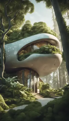 Beautiful futuristic organic house made from imaginary plants in a forest, 8k, Award-Winning, Highly Detailed, Beautiful, Epic, Octane Render, Unreal Engine, Radiant, Volumetric Lighting by Greg Rutkowski