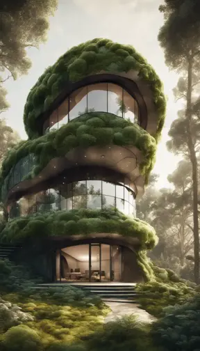 Beautiful futuristic organic house made from imaginary plants in a forest, 8k, Award-Winning, Highly Detailed, Beautiful, Epic, Octane Render, Unreal Engine, Radiant, Volumetric Lighting by Greg Rutkowski