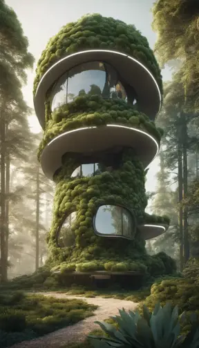 Beautiful futuristic organic house made from imaginary plants in a forest, 8k, Award-Winning, Highly Detailed, Beautiful, Epic, Octane Render, Unreal Engine, Radiant, Volumetric Lighting by Greg Rutkowski