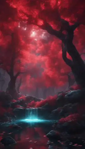 A magical pond in a fantasy forest with glowing red trees at night, 4k, HQ, Intricate, Artstation, Cinematic Lighting, Photo Realistic, Sharp Focus, Unreal Engine, Dark