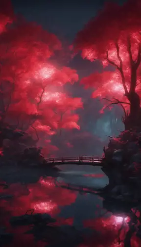 A magical pond in a fantasy forest with glowing red trees at night, 4k, HQ, Intricate, Artstation, Cinematic Lighting, Photo Realistic, Sharp Focus, Unreal Engine, Dark