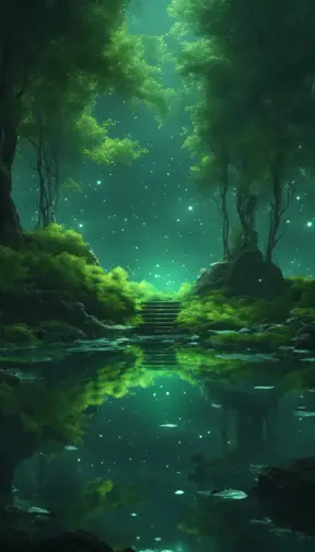 A magical pond in a fantasy forest with glowing green trees at night, 4k, HQ, Intricate, Artstation, Cinematic Lighting, Photo Realistic, Sharp Focus, Unreal Engine, Dark