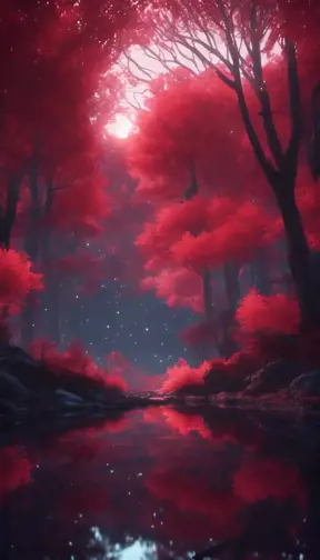 A magical pond in a fantasy forest with glowing red trees at night, 4k, HQ, Intricate, Artstation, Cinematic Lighting, Photo Realistic, Sharp Focus, Unreal Engine, Dark
