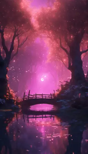 A magical pond in a fantasy forest with glowing trees at night, 4k, HQ, Intricate, Artstation, Cinematic Lighting, Photo Realistic, Sharp Focus, Unreal Engine, Dark