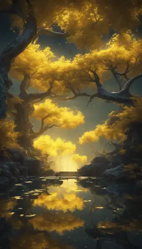 A magical pond in a fantasy forest with glowing yellow trees at night, 4k, HQ, Intricate, Artstation, Cinematic Lighting, Photo Realistic, Sharp Focus, Unreal Engine, Dark