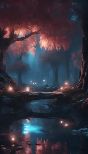 A magical pond in a fantasy forest with glowing trees at night, 4k, HQ, Intricate, Artstation, Cinematic Lighting, Photo Realistic, Sharp Focus, Unreal Engine, Dark