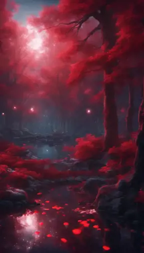 A magical pond in a fantasy forest with glowing red trees at night, 4k, HQ, Intricate, Artstation, Cinematic Lighting, Photo Realistic, Sharp Focus, Unreal Engine, Dark