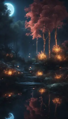 A magical pond in a fantasy forest with glowing trees at night, 4k, HQ, Intricate, Artstation, Cinematic Lighting, Photo Realistic, Sharp Focus, Unreal Engine, Dark