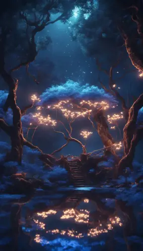 A magical pond in a fantasy forest with glowing blue trees at night, 4k, HQ, Intricate, Artstation, Cinematic Lighting, Photo Realistic, Sharp Focus, Unreal Engine, Dark