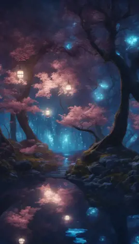 A magical pond in a fantasy forest with glowing blue trees at night, 4k, HQ, Intricate, Artstation, Cinematic Lighting, Photo Realistic, Sharp Focus, Unreal Engine, Dark