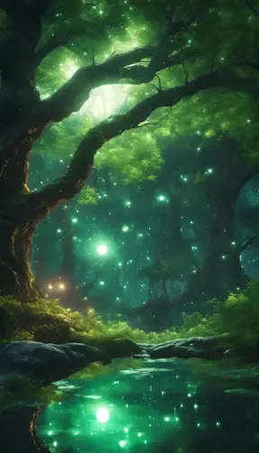 A magical pond in a fantasy forest with glowing green trees at night, 4k, HQ, Intricate, Artstation, Cinematic Lighting, Photo Realistic, Sharp Focus, Unreal Engine, Dark