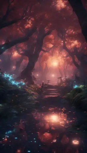 A magical pond in a fantasy forest with glowing trees at night, 4k, HQ, Intricate, Artstation, Cinematic Lighting, Photo Realistic, Sharp Focus, Unreal Engine, Dark