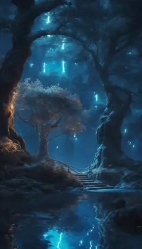 A magical pond in a fantasy forest with glowing blue trees at night, 4k, HQ, Intricate, Artstation, Cinematic Lighting, Photo Realistic, Sharp Focus, Unreal Engine, Dark