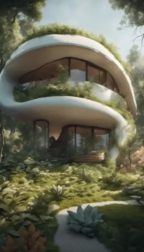 Beautiful futuristic organic house made from imaginary plants in a forest, 8k, Award-Winning, Highly Detailed, Beautiful, Epic, Octane Render, Unreal Engine, Radiant, Volumetric Lighting by Stefan Kostic