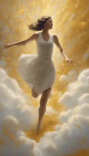 A visually striking masterpiece capturing a woman running through clouds of luminous gold dust. Exquisite details, top-quality composition, and an official aesthetic create an extremely detailed work of art, reflecting the ethereal beauty of this captivating moment., Powerful, Magical, Artgerm by Craigie Aitchison