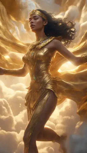 A visually striking masterpiece capturing a woman running through clouds of luminous gold dust. Exquisite details, top-quality composition, and an official aesthetic create an extremely detailed work of art, reflecting the ethereal beauty of this captivating moment., 8k, Egyptian Mythology, Beautiful, Ethereal, Comic, Photo Realistic, Realistic, Artgerm, Unreal Engine, Comics by Stanley Artgerm Lau