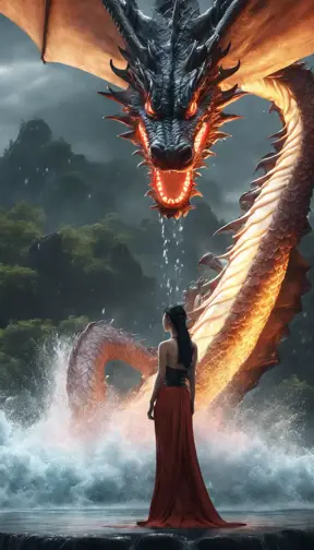 A captivating Gongbi-style artwork featuring a beautiful lady standing before a majestic dragon, amidst pouring water. Set against mysterious backdrops with smooth, curved lines, this photo-realistic piece showcases the power of Unreal Engine 5., 4k resolution, 8k, HDR, Hyper Detailed, Hypomorphic, Powerful, Ultra Detailed, Gothic and Fantasy, Horror, Ukiyo-e, Cosmic Horror, Ethereal, HDR Render, Photo Realistic, Realistic, Unreal Engine, Natural Light, Neon, Japonism, Comics, Rich, Hyper Realistic