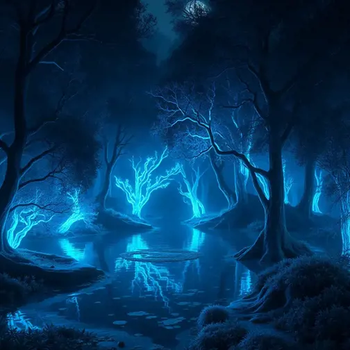 A magical pond in a fantasy forest with glowing blue trees at night, 4k, HQ, Intricate, Artstation, Cinematic Lighting, Photo Realistic, Sharp Focus, Unreal Engine, Dark