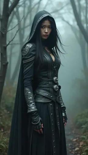 A captivating female ninja concealed within a mist-laden forest, her features partially obscured by a veil of fog, her attire a mix of stealthy dark fabrics and intricate silver detailing, the environment around her both haunting and enchanting