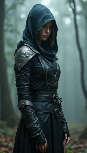 A captivating female ninja concealed within a mist-laden forest, her features partially obscured by a veil of fog, her attire a mix of stealthy dark fabrics and intricate silver detailing, the environment around her both haunting and enchanting