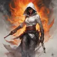 Female White Assassin emerging from a firey fog of battle, ink splash, Highly Detailed, Vibrant Colors, Ink Art, Fantasy, Dark by Stanley Artgerm Lau