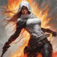 Female White Assassin emerging from a firey fog of battle, ink splash, Highly Detailed, Vibrant Colors, Ink Art, Fantasy, Dark by Stanley Artgerm Lau